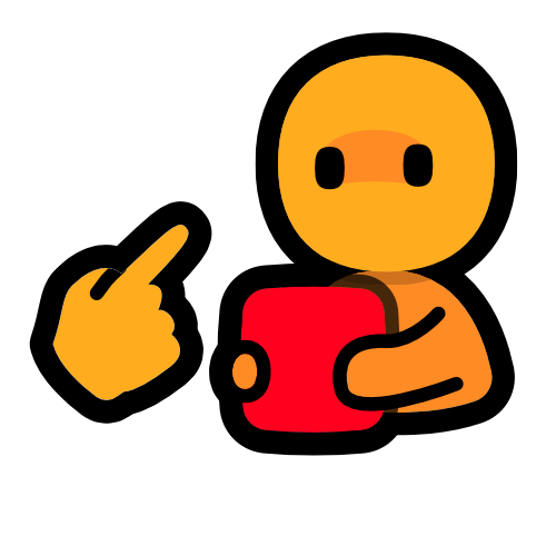 a yellow hand pointing up at a figure holding a red cube